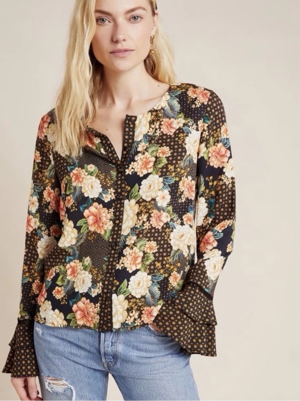 Farm Rio Siobhan floral blouse featuring long ruffled bell sleeves